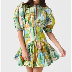 Alemais Womens Sz 16 Atlas Mini Dress With Puff Sleeves & Tiered Skirt